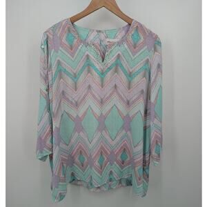 Alfred Dunner Geometric Pastel Top Size 16 Bling Neckline Lightweight 90s Boho